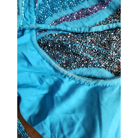 Cache Vintage Beaded Silk Blue Open Back Gown Maxi Dress High Slits Size Large - Picture 13 of 13